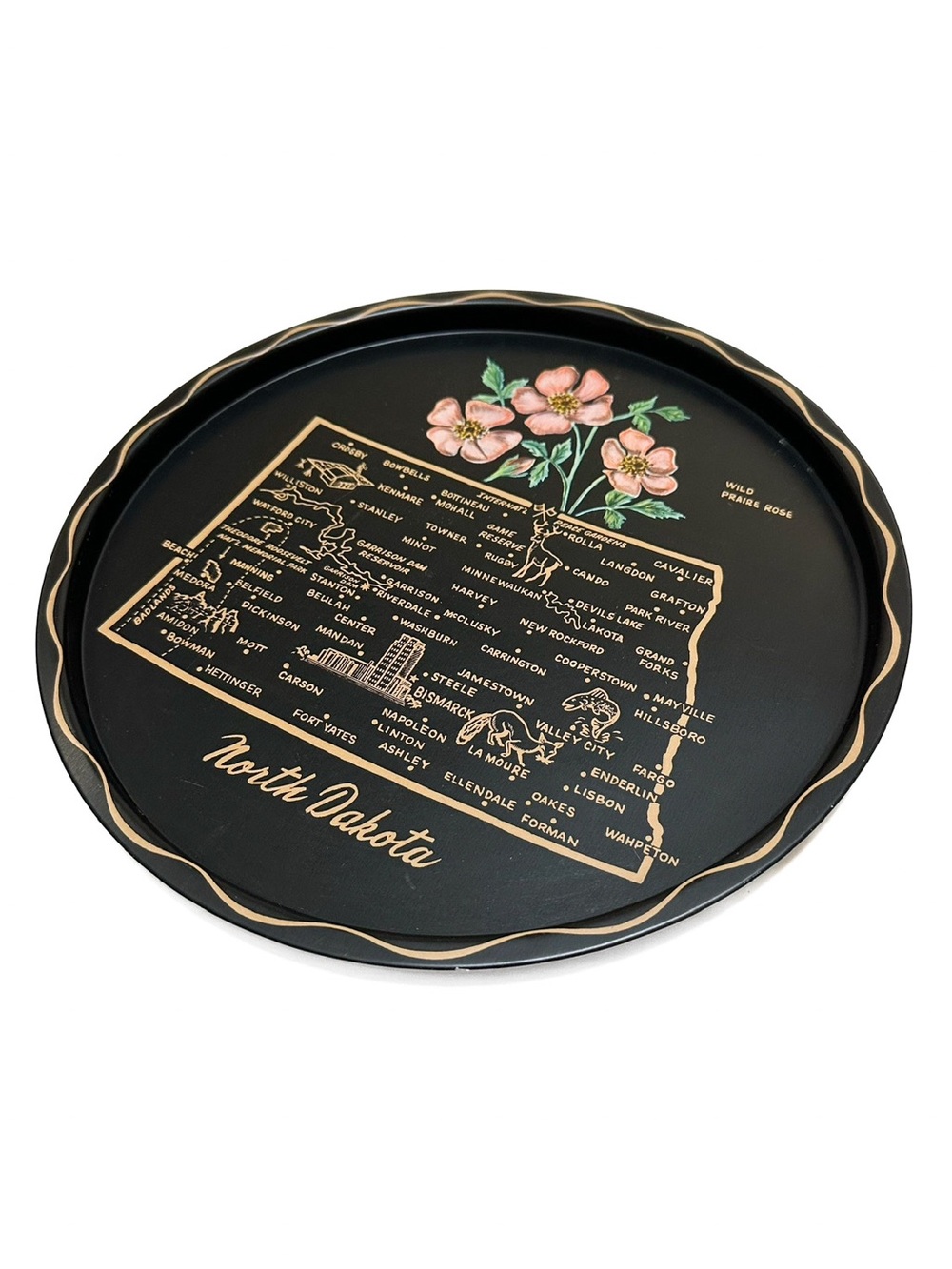 Vintage MCM Hallmark Round Metal Drinks Serving Tray State Map North Dakota